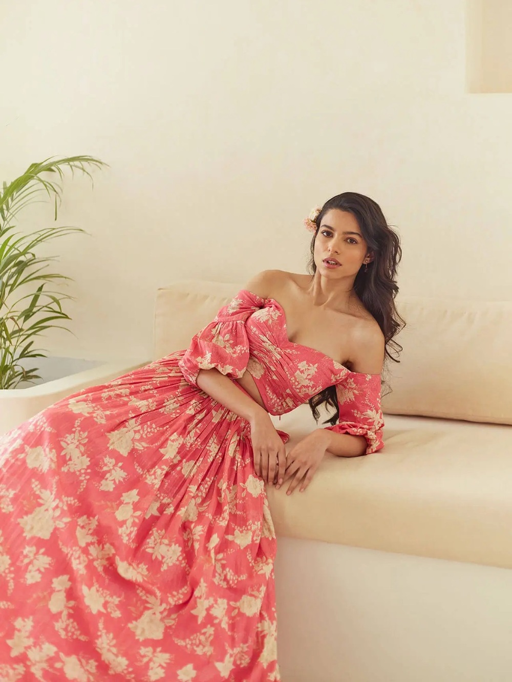Label Anushree Floral Off-Shoulder Lehenga in Coral and Cream